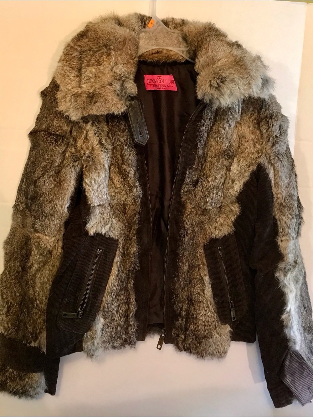 Sold Juicy Couture Brown Cord. & Rabbit Fur moto bomber jacket Y2K rare szM